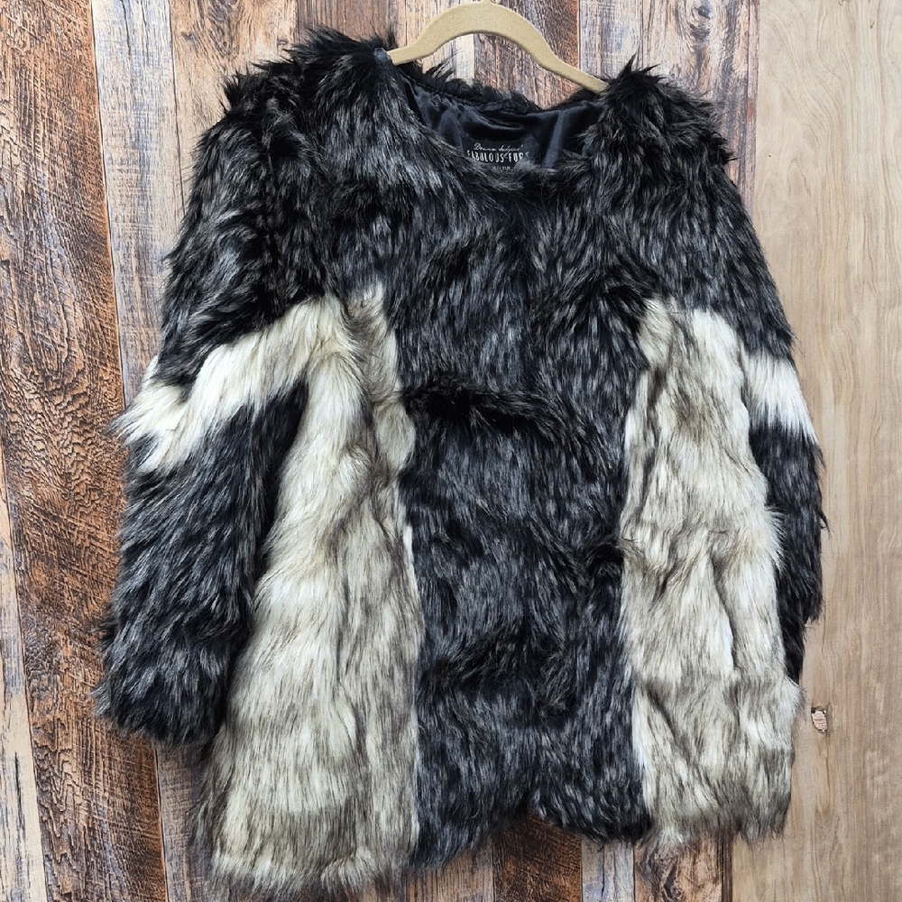 Fabulous Furs Faux Fur Pea Coat - Black and Cream
